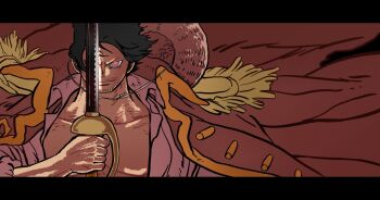 1boy beard_stubble black_hair closed_mouth commentary commentary_request english_commentary epaulettes facial_hair glowing glowing_eye gol_d._roger hat holding holding_sword holding_weapon letterboxed male_focus mixed-language_commentary mustache_stubble oda_eiichirou official_art one_eye_covered one_piece open_clothes open_shirt pink_shirt shirt short_hair smile solo straw_hat stubble sword unworn_hat unworn_headwear weapon