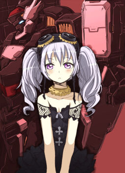 1girl blue_eyes breasts cleavage glowing glowing_eye graphite_(medium) highres looking_down looking_to_the_side mecha nib_pen_(medium) nine_(super_robot_wars) pen_(medium) purple_eyes robot small_breasts super_robot_wars super_robot_wars_v traditional_media vangray white_hair zatou_(kirsakizato)