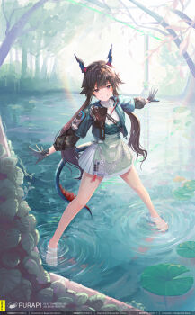 1girl absurdres arknights arknights:_endfield bare_legs barefoot black_gloves brown_eyes brown_hair chen_qianyu_(arknights) chinese_commentary commentary cropped_jacket day dragon_horns dragon_tail english_text full_body gloves grin highres horns jacket lake leaf lily_pad long_hair long_sleeves looking_at_viewer low_twintails mixed-language_commentary one_eye_closed open_clothes open_jacket outdoors outstretched_arms pond purapi ripples shirt skirt smile solo spread_arms standing tail tree twintails very_long_hair wading water white_skirt