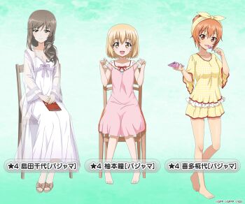 Rule 34 | 3girls, bandana, bare legs, barefoot, blonde hair, blush, bow, breasts, brown eyes, brown footwear, brown hair, candy, cellphone, chair, character name, cleavage, collarbone, food, frills, full body, girls und panzer, girls und panzer little army, girls und panzer senshadou daisakusen!, green background, hands on lap, holding, holding candy, holding food, holding jewelry, holding lollipop, holding necklace, holding phone, jewelry, kita (girls und panzer), lace, lace-trimmed nightgown, lace trim, legs, lollipop, long hair, long sleeves, looking at viewer, multiple girls, necklace, nightgown, official art, open mouth, orange eyes, orange hair, pajamas, phone, pink nightgown, pocketbook, purple bow, red bow, see-through clothes, shimada chiyo, short hair, short sleeves, sitting, sleepwear, sleeveless, smile, standing, thighs, translated, white nightgown, yellow eyes, yellow pajamas, yuzumoto hitomi