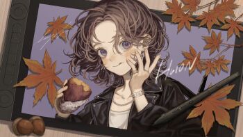 Rule 34 | 1girl, acorn, black jacket, blush, brown hair, closed mouth, commentary request, drawing tablet, ear piercing, earrings, food, highres, holding, jacket, jewelry, leaf, looking at viewer, maple leaf, original, piercing, purple eyes, ring, roasted sweet potato, sayoko (sayosny2), shirt, signature, solo, stylus, sweet potato, tongue, tongue out, white shirt