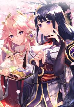 2girls absurdres animal_ear_piercing animal_ears artist_name blue_pupils blunt_bangs blush braid breasts bridal_gauntlets cherry_blossoms cleavage commentary couple dango dappled_sunlight day food fox_ears fox_girl genshin_impact glint hair_between_eyes hair_ornament happy head_tilt headpiece highres holding holding_food holding_tray huge_breasts itsumono_katze japanese_clothes jewelry kimono light_particles lingerie long_braid long_hair looking_at_food looking_down looking_to_the_side mole mole_under_eye multicolored_eyes multiple_girls neck_ribbon off_shoulder outdoors pendant pink_eyes pink_lips purple_eyes purple_hair purple_kimono raiden_shogun red_ribbon red_sash ribbon sash shade single_braid smile standing sunlight teeth tray tree tree_shade underwear upper_body wagashi yae_miko yuri