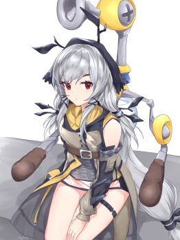 1girl arknights bare_shoulders commentary_request dress f.l.u.d.d. grey_dress grey_hair highres kyl490 long_hair long_sleeves looking_at_viewer low-tied_long_hair mario_(series) nintendo red_eyes sitting solo super_mario_sunshine thigh_strap thighs very_long_hair weedy_(arknights) white_background