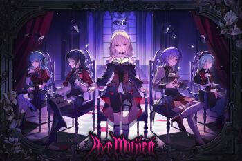 5girls amoris_(bang_dream!) ascot ave_mujica_(bang_dream!) bang_dream! bang_dream!_it&#039;s_mygo!!!!! beret black_ascot black_capelet black_corset black_dress black_footwear black_gloves black_hair black_mask black_pants black_pantyhose black_ribbon black_shirt black_skirt black_vest black_wrist_cuffs blonde_hair blue_hair boots brooch brown_corset capelet chair checkered_floor clothing_cutout collared_shirt commentary corset crossed_legs doloris_(bang_dream!) dress earrings flower flower_request framed frilled_skirt frills garter_straps gloves green_hair grey_thighhighs group_name hair_between_eyes hair_ribbon hand_up hashtag-only_commentary hat highres jewelry kneehighs layered_skirt light_particles long_hair long_sleeves mask masquerade_mask medium_hair misumi_uika mortis_(bang_dream!) mortis_(costume)_(bang_dream!) mouth_mask multiple_girls nail_polish no_mask oblivionis_(bang_dream!) pants pantyhose pink_eyes puffy_short_sleeves puffy_sleeves purple_eyes purple_hair red_capelet red_footwear red_hat red_nails red_shirt red_shorts ribbon see-through_clothes see-through_sleeves shirt short_hair short_sleeves shorts shoulder_cutout sidelocks sitting skirt socks stairs standing steepled_fingers thigh_boots thighhighs timoris_(bang_dream!) togawa_sakiko tomatoo7 two-tone_pants two_side_up vest wakaba_mutsumi white_pants white_shirt white_socks window wrist_cuffs yahata_umiri yellow_eyes yuutenji_nyamu