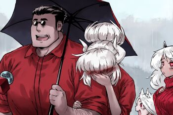 1boy 3girls arm_hair blush cerberus_(helltaker) embarrassed facepalm glasses haraya_manawari heart heart-shaped_pupils helltaker helltaker_(character) holding holding_umbrella horns interview lucifer_(helltaker) meme microphone modeus_(helltaker) multiple_girls open_mouth pince-nez rain red_sweater shared_umbrella sleeves_rolled_up special_feeling_(meme) sunglasses sweater symbol-shaped_pupils turtleneck turtleneck_sweater umbrella white_hair white_horns