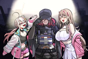 3girls absurdres ahoge baseball_cap black_bodystocking black_cloak black_gloves blush breasts claymore_(mine) cloak commentary_request e.h._(nikke) exotic_(nikke) explosive gloves goddess_of_victory:_nikke gradient_hair hat heart_collar highres hood hooded_cloak horns jackal_(nikke) jacket large_breasts long_hair mine_(weapon) multicolored_cloak multicolored_hair multiple_girls pink_cloak pink_horns pink_jacket pink_shorts shirt shorts skirt small_horns standing two-sided_hoodie very_long_hair viper_(nikke) wg. white_shirt zipper