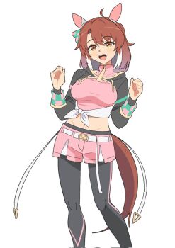 1girl animal_ears belt black_leggings breasts brown_eyes brown_hair dantsu_flame_(center_spotlight)_(umamusume) dantsu_flame_(umamusume) drawstring ear_covers feet_out_of_frame groin hands_up highres hood hood_down hooded_shrug horse_ears horse_girl horse_tail large_breasts leggings leggings_under_shorts looking_at_viewer medium_hair midriff multicolored_hair navel open_mouth pink_shirt pink_shorts rytoua318 shirt short_shorts shorts shrug_(clothing) simple_background smile solo standing tail teeth tied_shirt two-tone_hair umamusume upper_teeth_only white_background white_belt white_hair zipper_pull_tab