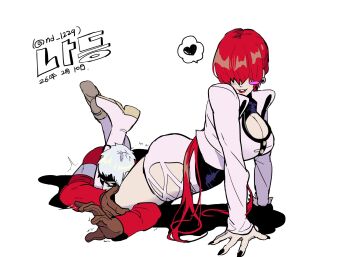 Rule 34 | 1girl, ass, between legs, boots, breasts, cleavage cutout, clothing cutout, dress, female focus, heart, huge ass, huge breasts, large breasts, long hair, long sleeves, nanakase yashiro, nd 1229, pale skin, ponytail, red hair, shermie (kof), skirt, the king of fighters, thick thighs, thighs, twintails, yashiro nanakase