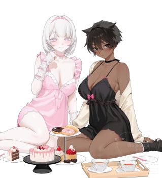 2girls albino black_negligee breasts cake cake_slice choker commentary_request cup dark-skinned_female dark_skin donut food frills hair_ears highres large_breasts lingerie looking_at_viewer medium_breasts micchan_(ohisashiburi) multiple_girls nacchan_(ohisashiburi) negligee ohisashiburi original pink_eyes red_eyes short_hair simple_background smile sweets teacup underwear watermark white_background white_hair white_negligee
