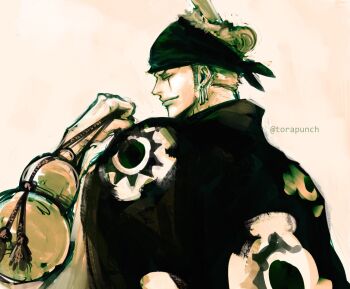 Rule 34 | 1boy, back, bandana, chonmage, commentary request, earrings, green hair, holding, japanese clothes, jewelry, kimono, kimono on shoulders, male focus, one piece, roronoa zoro, scar, scar across eye, scar on face, sideburns, smile, solo, topknot, torapunch, twitter username