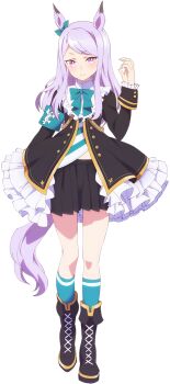 1girl animal_ears armband black_boots black_jacket black_skirt blush boots bow breasts closed_mouth collar dot_nose dress ear_ribbon female_focus flat_chest frilled_collar frilled_dress frilled_jacket frilled_skirt frilled_sleeves frills full_body green_armband green_bow green_ribbon green_socks horse_ears horse_girl horse_tail jacket juliet_sleeves lace-up_boots legs long_hair long_sleeves looking_at_viewer mejiro_mcqueen_(frontline_elegance)_(umamusume) mejiro_mcqueen_(umamusume) miniskirt official_art pleated_skirt puffy_long_sleeves puffy_sleeves purple_eyes purple_hair purple_tail ribbon skirt small_breasts socks solo solo_focus stomach tail thighs umamusume
