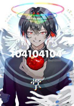 1boy apple black_hair black_jacket commentary_request crossed_bangs double-parted_bangs evil_grin evil_smile food fruit grin hair_between_eyes halo highres holding holding_food holding_fruit jacket long_sleeves looking_at_viewer male_focus multicolored_halo original rainbow_halo red_eyes sahi00000 short_hair smile solo surrounded_by_hands upper_body