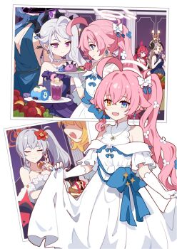 6+girls ahoge ako_(blue_archive) ako_(dress)_(blue_archive) alternate_costume bare_shoulders black_halo black_horns blonde_hair blue_archive blue_bow blue_dress blue_eyes blue_gemstone blue_hair blush bow braid breasts brown_hair cleavage closed_eyes commentary cup demon_girl demon_horns diamond_(gemstone) dress drinking_straw earrings evening_gown flower food gem gloves hair_between_eyes hair_bun hair_flower hair_ornament halo haruna_(blue_archive) heterochromia highres hina_(blue_archive) hina_(dress)_(blue_archive) holding holding_plate horns hoshino_(blue_archive) ideolo indoors izumi_(blue_archive) jewelry junko_(blue_archive) large_breasts long_hair multicolored_halo multiple_girls multiple_horns necklace official_alternate_costume official_alternate_hairstyle open_mouth parted_bangs pearl_necklace pink_dress pink_hair pink_halo plate ponytail purple_dress purple_eyes purple_gloves purple_halo red_hair shaded_face side_ponytail sideboob single_braid strapless strapless_dress symbol-only_commentary twintails two-tone_halo white_bow white_dress white_gloves white_hair white_petals yellow_eyes