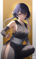 Rule 34 | 1girl, absurdres, backboob, bare shoulders, black hair, black kimono, black sleeves, bleach, blunt bangs, border, breasts, brown background, closed mouth, commentary, detached sleeves, eyelashes, fighting stance, grey eyes, hand up, highres, hip vent, izei1337, japanese clothes, kimono, knee up, light blush, light smile, long sleeves, looking at viewer, medium breasts, sash, short hair with long locks, sideless kimono, signature, simple background, sleeveless, sleeveless kimono, solo, sui-feng, tsurime, v-shaped eyebrows, white border, white sash