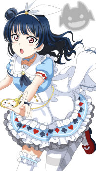 1girl :o apron aqua_bow aqua_choker aqua_dress aqua_skirt artist_name artist_request back_bow black_neckerchief black_skirt blue_hair blush bow breasts choker collarbone dress female_focus floating_hair frilled_thigh_strap grey_legwear hair_bun hairband heart heart_print long_hair looking_at_viewer love_live! love_live!_school_idol_festival love_live!_sunshine!! medium_breasts miniskirt neckerchief parted_lips pink_eyes plaid_clothes plaid_dress plaid_skirt pleated pleated_dress pleated_skirt pocket_watch puffy_short_sleeves puffy_sleeves purple_eyes red_bow red_shoes roman_numeral shoes short_sleeves side_bun single_hair_bun skirt smile solo spade_print standing standing_on_one_leg striped_legwear thigh_strap tsushima_yoshiko watch white_apron white_background white_bow white_hairband white_legwear white_skirt white_wrist_cuffs wrist_bow wrist_cuffs