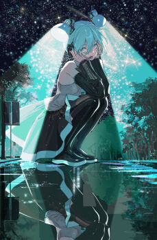 1girl absurdres alternate_hairstyle aqua_eyes aqua_hair aqua_nails aqua_necktie aqua_theme bare_shoulders black_boots black_skirt black_sleeves black_theme boots breasts closed_mouth collared_shirt commentary desk_lamp detached_sleeves dress_shirt elbow_on_knee elbow_rest english_commentary eyelashes fingernails full_body giant giantess grey_shirt hair_between_eyes hands_on_own_cheeks hands_on_own_face hands_up hatsune_miku head_rest head_tilt headset high_contrast highres lamp lantern_madoyoi legs_together limited_palette necktie night night_sky outdoors pleated_skirt puddle reflection reflective_floor road road_sign shirt shooting_star sidelocks sidewalk sideways_glance sign skirt sky sleeveless sleeveless_shirt small_breasts smile solo squatting star_(sky) starry_sky street subsurface_scattering surreal thigh_boots tree twintails vanishing_point vocaloid wet_floor