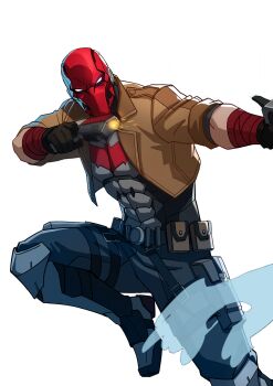 1boy bat_signal batman_(series) batman_symbol belt black_bodysuit black_gloves bodysuit brown_jacket dc:_dark_legion dc_comics dual_wielding gloves grey_bodysuit gun highres holding holding_gun holding_weapon jacket jason_todd male_focus mask multicolored_bodysuit muscular muscular_male non-web_source official_art open_clothes pants red_hood_(dc) red_mask superhero_costume taut_bodysuit two-tone_bodysuit utility_belt weapon