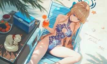 Rule 34 | 1girl, absurdres, alternate costume, apple, black tape project, blonde hair, blue archive, blue eyes, blue halo, bow, bowl, braid, breasts, chair, closed mouth, collarbone, commentary, commission, cooler, cup, day, drinking straw, food, fruit, grapes, hair bow, halo, highres, holding, holding cup, inuyasha, kirara (inuyasha), long hair, lounge chair, medium breasts, orange (fruit), orange slice, outdoors, pixiv commission, qingli ye, seashell, shadow, shell, sitting, solo, starfish, swimsuit, table, toki (blue archive), tropical drink