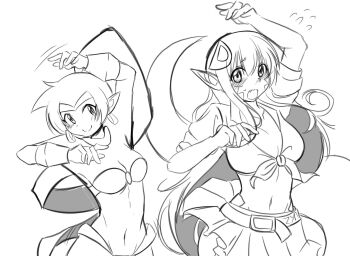 Rule 34 | 2girls, blush, breasts, choker, cleavage, commentary, dancing, earrings, english commentary, fang, flying sweatdrops, hair between eyes, hair ornament, hairclip, harem pants, highres, hoop earrings, jewelry, lamia, large breasts, long hair, looking at viewer, medium breasts, miia (monster musume), monster girl, monster musume no iru nichijou, multiple girls, navel, open mouth, pants, pointy ears, ponytail, scales, shantae, smile, tiara, very long hair, zyn nuclearbombeater