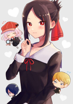 Rule 34 | 2boys, 2girls, absurdres, black dress, black hair, blonde hair, blue eyes, blush, bow, chibi, closed eyes, collarbone, commentary request, dress, folded ponytail, fujiwara chika, grey background, hair bow, hair over one eye, hair ribbon, hat, heart, highres, holding, holding magnifying glass, ishigami yuu, kaguya-sama wa kokurasetai ~tensai-tachi no renai zunousen~, light smile, long sleeves, looking at viewer, magnifying glass, multiple boys, multiple girls, nahogiisio, newsboy cap, parted bangs, pink hair, red eyes, red ribbon, ribbon, sailor collar, school uniform, shinomiya kaguya, shirogane miyuki, short hair, shuuchiin academy school uniform, sidelocks, simple background, smile, white sailor collar, white wrist cuffs, wrist cuffs