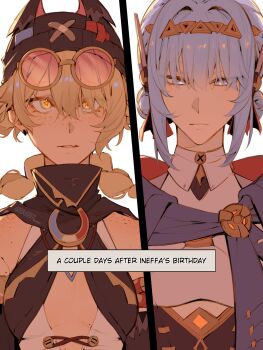 Rule 34 | 2girls, android, bangs pinned back, beanie, blue eyes, blue hair, braid, braided hair rings, bvbu, eyewear on head, genshin impact, goggles, goggles on head, hair rings, hat, highres, ineffa (genshin impact), jahoda (genshin impact), joints, metal skin, multiple girls, pink-tinted eyewear, robot ears, robot girl, star-shaped pupils, star (symbol), symbol-shaped pupils, tinted eyewear, x hat ornament