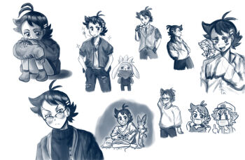 1girl 2boys aged_down ash_ketchum bespectacled blush candy chibi closed_eyes controller food gen_8_pokemon glasses glasses_on_head gloves goh_(pokemon) greyscale hands_in_pockets highres holding holding_controller lollipop looking_at_viewer looking_to_the_side mask middle_finger monochrome mouth_hold mouth_mask multiple_boys multiple_views nintendo playing_games pointing pointing_at_self pokemon pokemon_(anime) pokemon_journeys raboot scorbunny sitting smile sonia_(pokemon) sparkle sweater