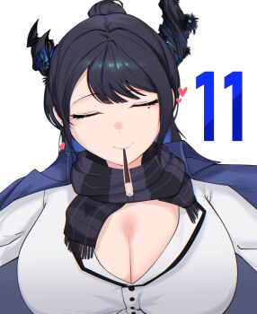Rule 34 | 1girl, absurdres, asymmetrical horns, black hair, breasts, buttons, cleavage, closed eyes, coat, commentary, demon girl, demon horns, english commentary, food, food in mouth, hair bun, heart, highres, hololive, hololive english, horns, large breasts, long hair, mole, mole under eye, nerissa ravencroft, nerissa ravencroft (casual), p protocoll, pocky, pocky day, pocky in mouth, pov, scar, shirt, simple background, virtual youtuber, white shirt