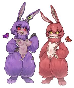 2girls @_@ ahoge animal_feet black_sclera blush breasts claws colored_sclera corrupt_bunny_(terraria) dark-skinned_female dark_skin extra_eyes extra_teeth female_focus female_pubic_hair full_body hand_on_own_hip highres licking_lips looking_at_viewer monster_girl multiple_girls navel neck_fur nipples nude nyong_nyong open_mouth personification pubic_hair purple_hair pussy pussy_juice rabbit_ears rabbit_girl red_eyes red_hair reference_inset saliva sharp_teeth short_hair small_breasts sweat teeth tentacles terraria tongue tongue_out uncensored vicious_bunny_(terraria) white_background yellow_eyes
