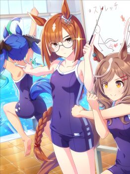 3girls ^^^ absurdres ahoge animal_ear_piercing animal_ears aqua_hair artist_request ass bare_arms bare_legs bare_shoulders barefoot black_bow black_ribbon blue_hair blue_shorts blue_sky blue_tank_top blunt_bangs blunt_ends bob_cut bow braided_tail breasts brown_hair closed_mouth clothes_grab collarbone colored_inner_hair covered_navel cowboy_shot criss-cross_back-straps day determined diving_block dot_nose ear_ornament earrings eyes_visible_through_hair from_behind full_body game_cg glasses grey-framed_eyewear grey_eyes hair_bow hair_ornament hair_ribbon hair_tie hairclip happy highres holding_baton horse_ears horse_girl horse_tail huge_ahoge ikuno_dictus_(umamusume) indoors jewelry light_frown looking_at_viewer loose_hair_strand matikanetannhauser_(umamusume) medium_breasts motion_lines multicolored_hair multiple_earrings multiple_girls official_art orange_hair pale_skin pool ribbon round_eyewear running school_swimsuit shirt_grab short_shorts shorts shoulder_blades sky small_breasts smile soles sparkle streaked_hair stretching striped_ribbon sweatdrop swept_bangs swimsuit tail tank_top tareme teaching tile_floor tiles toes twin_turbo_(umamusume) twintails two-tone_hair two-tone_ribbon umamusume white_hair white_ribbon whiteboard window yellow_eyes