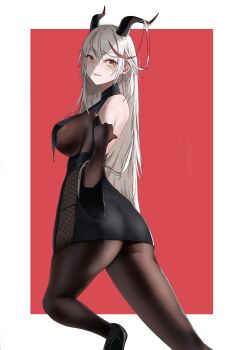 1girl absurdres aegir_(azur_lane) ass azur_lane back bare_shoulders bareback black_dress black_pantyhose black_shoes blush bodystocking breasts demon_horns dress from_side highres horns large_breasts long_hair looking_at_viewer multicolored_hair ningri_(lianyungangwyz) orange_eyes pantyhose shoes sideboob silver_hair simple_background smile solo