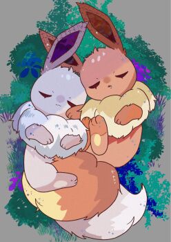 animal_focus brown_fur closed_eyes closed_mouth eevee flower gen_1_pokemon highres lying mendako_(tyatyaumai29) nintendo no_humans on_back pokemon pokemon_(creature) pokemon_focus sleeping tail white_fur