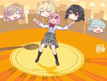 ^_^ amaori_renako aqua_hair artist_name ashigaya_high_school_uniform black_hair blonde_hair brown_hair chibi closed_eyes highres kairakuen_umenoka koto_satsuki koyanagi_kaho nohara_hiroshi_hirumeshi_no_ryuugi ouzuka_mai parody pink_hair plate school_uniform sena_ajisai spoon watashi_ga_koibito_ni_nareru_wake_naijan_murimuri! what