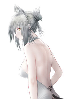 Rule 34 | 1girl, absurdres, alternate costume, animal ears, arknights, back, bare shoulders, breasts, closed mouth, dress, earrings, grey hair, hair bun, highres, jewelry, looking at viewer, looking to the side, medium breasts, medium hair, schwarz (arknights), sideboob, sidelocks, solo, tail, upper body, white background, white dress, wolf ears, wolf girl, woon, yellow eyes