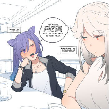 bar_(place) cone_hair_bun double_bun english_text flirting genshin_impact hair_bun hair_ornament hinagi_(fox_priest) jewelry keqing_(genshin_impact) long_hair multiple_girls necklace ningguang_(genshin_impact) parted_bangs purple_hair red_eyes sleeves_rolled_up tipsy twintails very_long_hair white_hair