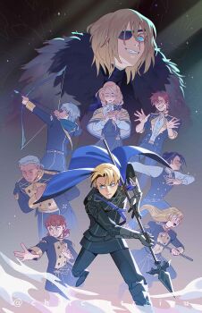 Rule 34 | 3girls, age progression, annette fantine dominic, arm behind back, armored boots, armored gloves, ashe ubert, black hair, black jacket, black pants, blonde hair, blue cloak, blue eyes, blue hoodie, blunt bangs, boots, bow (weapon), bowing, brown hair, chiou!, cloak, closed eyes, dedue molinaro, dimitri alexandre blaiddyd, dimitri alexandre blaiddyd (timeskip), drawing arrow, eyepatch, felix hugo fraldarius, fire emblem, fire emblem: three houses, fur-trimmed cloak, fur trim, garreg mach monastery uniform, gold trim, grey hair, grin, hair bun, hair over shoulder, hair ribbon, hand on own chest, highres, holding, holding bow (weapon), holding polearm, holding weapon, hood, hood down, hoodie, ingrid brandl galatea, jacket, long hair, low ponytail, medium hair, mercedes von martritz, multiple girls, nintendo, open mouth, outstretched hand, own hands clasped, own hands together, pants, parted lips, polearm, ponytail, ribbon, short hair, short ponytail, smile, swept bangs, sylvain jose gautier, teeth, twitter username, weapon