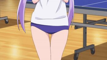 Rule 34 | 1girl, animated, animated gif, anime screenshot, arrow (symbol), blue buruma, blush, buruma, closed mouth, embarrassed, fingers together, hair ornament, indoors, interior, kamiya agari, legs, long hair, looking at viewer, looking to the side, open mouth, purple eyes, purple hair, shakunetsu no takkyuu musume, solo, standing, table tennis, twintails