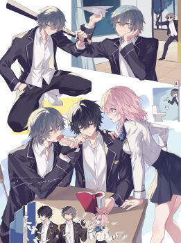 Rule 34 | 1girl, 3boys, baseball bat, black gloves, black hair, black jacket, black pants, black skirt, blazer, blue bow, blue bowtie, blue eyes, book, bow, bowtie, bread, brown hair, caelus (honkai: star rail), collared shirt, commentary request, dan heng (honkai: star rail), eating, fingerless gloves, food, gloves, graphia academy school uniform, green eyes, grey hair, hand in pocket, highres, holding, holding baseball bat, holding book, holding food, honkai: star rail, honkai (series), jacket, looking at viewer, march 7th (honkai: star rail), mogi (green tea planet), multicolored eyes, multiple boys, official alternate costume, open clothes, open jacket, open mouth, pants, paper airplane, pink hair, pleated skirt, purple eyes, round eyewear, school uniform, shirt, shoes, skirt, skott (honkai: star rail), smile, sunglasses, trailblazer (honkai: star rail), two-tone eyes, white jacket, white shirt, white shoes, yellow eyes