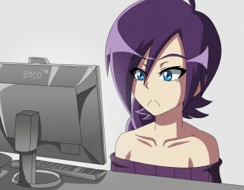 1girl ahoge animated animated_gif bare_shoulders blue_eyes blush borrowed_character collarbone computer computer_keyboard drooling female_focus frown lewdamone monitor off-shoulder off-shoulder_sweater off_shoulder open_mouth original purple_hair saliva smile solo sweatdrop sweater upper_body wiping_mouth zone-tan
