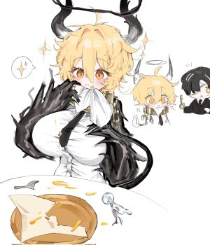 1girl a73398190 black_hair blonde_hair breasts chain don_quixote_(project_moon) e.g.o_(project_moon) highres horns index_(identity)_(project_moon) large_breasts limbus_company mask necktie procuration_(e.g.o) project_moon short_hair simple_background yellow_eyes yi_sang_(project_moon)