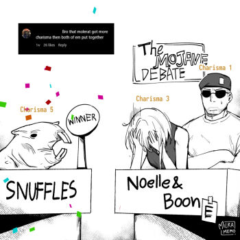 1boy 1girl beret buzz_cut character_name commentary confetti courier_(fallout:_new_vegas) craig_boone crossed_arms english_commentary english_text fallout fallout:_new_vegas gameplay_mechanics hat milramemo molerat noelle_rutherford shirt short_hair signature simple_background sleeveless sleeveless_shirt small_sweatdrop snuffles_(fallout) sunglasses sweat teeth very_short_hair white_background