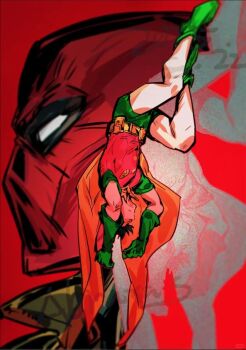 abraxas batman_(series) black_hair bodysuit brown_jacket dc_comics dual_persona gloves grey_bodysuit jacket jason_todd male_focus mask multicolored_bodysuit multiple_boys muscular muscular_male open_clothes red_hood_(dc) red_hood_and_the_outlaws red_mask robin_(dc) short_hair superhero_costume taut_bodysuit two-tone_bodysuit