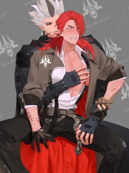 2boys absurdres artist_logo artist_name bara black_gloves black_pants black_shirt blush brown_coat coat commentary commentary_request dislyte doodleforcloud english_commentary fingerless_gloves gloves highres korean_commentary logo looking_at_another male_focus mixed-language_commentary multicolored_hair multiple_boys muscular muscular_male pants pectoral_grab pectorals red_eyes red_hair scales scar scar_across_eye scar_on_face shirt sitting smile tearing_up white_shirt yaoi yun_chuan_(yang_jian)_(dislyte) zhou_hong_(gonggong)_(dislyte)