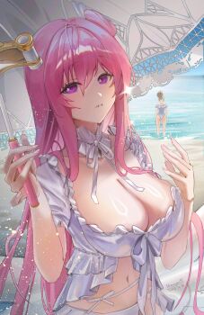 2girls absurdres beach beach_umbrella bikini breasts cleavage commentary dorothy_(nikke) dorothy_(serendipity)_(nikke) english_commentary goddess_of_victory:_nikke hair_bun highres large_breasts long_hair looking_at_viewer midriff multiple_girls navel ocean one-piece_swimsuit pink_hair pinne_(nikke) purple_eyes shouyou_(egcr8334) single_side_bun solo_focus swimsuit umbrella very_long_hair white_bikini white_one-piece_swimsuit