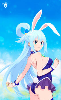 1girl absurdres abyzr.n alternate_costume animal_ears aqua_(konosuba) aqua_hair ass back backless_leotard bare_shoulders blue_choker blue_eyes blue_leotard breasts choker dot_nose fake_animal_ears fake_tail frilled_choker frilled_leotard frills from_behind hair_ornament hair_rings highleg highleg_leotard highres kono_subarashii_sekai_ni_shukufuku_wo! leotard light_blush long_hair looking_at_viewer medium_breasts outstretched_arm playboy_bunny rabbit_ears rabbit_tail sidelocks single_hair_ring smile solo sphere_hair_ornament tail white_wrist_cuffs wrist_cuffs