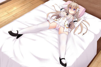 Rule 34 | 1girl, ahoge, bai da, bed, bed sheet, blush, bow, braid, breasts, cameltoe, closed mouth, commentary request, commission, dress, elbow gloves, frown, full body, genseishinki sacred virth, gloves, hair between eyes, hair bow, hair ornament, high heels, highres, indoors, large breasts, large variant set, long hair, lying, magical girl, mary janes, on back, on bed, panties, pillow, pink panties, purple eyes, pussy juice stain, sacred claire, sheet grab, shoes, short dress, skeb commission, solo, spread legs, thighhighs, tierna aeride throne, underwear, variant set, wet, wet clothes, wet panties, white bow, white dress, white gloves, white panties, white thighhighs, wooden floor