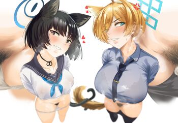 2girls absurdres alternate_hairstyle anger_vein animal_ear_fluff animal_ears black_eyes black_hair blonde_hair blue_archive blue_eyes blue_shirt blush bottomless bra_visible_through_clothes breasts bright_pupils cat_ears cat_girl cat_tail clenched_teeth close-up crop_top eyes_visible_through_hair female_pubic_hair from_above hair_over_one_eye halo heart highres intertwined_tails kanna_(blue_archive) kikyou_(blue_archive) large_breasts lips medium_breasts multiple_girls multiple_tails necktie nipples panties panties_around_leg pantyhose pantyhose_around_legs pubic_hair pussy sailor_collar see-through_clothes see-through_shirt sharp_teeth shirt short_hair smile standing sweat tail teeth tie_clip underwear white_background white_panties white_pupils white_shirt yonezu_(yonezu13)