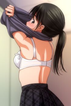 Rule 34 | 1girl, black hair, black shirt, black skirt, blush, bow, bow bra, bra, breasts, brown eyes, changing room, curtains, dressing room, from behind, highres, large breasts, long hair, looking at viewer, looking back, matsunaga kouyou, original, plaid clothes, plaid skirt, ponytail, removing shirt, shirt, skirt, standing, underwear, undressing, white bow, white bra