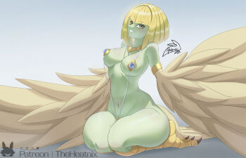 Rule 34 | 1girl, artist name, bare shoulders, bikini, bird legs, blonde hair, blush, breasts, colored skin, commentary, duel monster, feathers, green eyes, green skin, harpy, highres, jewelry, kneeling, lyrilusc - assembled nightingale, medium breasts, monster girl, navel, necklace, smile, solo, string bikini, swimsuit, talons, theheatnix, winged arms, wings, yu-gi-oh!