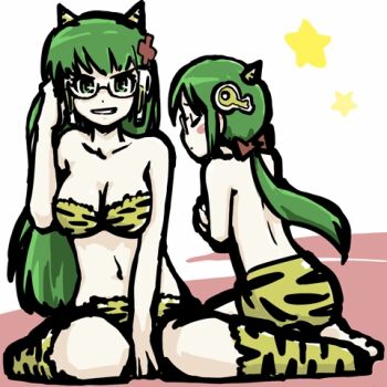 1boy 1girl animal_print bare_arms bare_shoulders between_legs bikini breasts brother_and_sister cleavage closed_eyes commentary_request glasses green_eyes green_hair hair_ribbon hand_between_legs hand_up homeko homeo horns imuhata_shimuro long_hair low_ponytail lowres median_furrow medium_breasts navel oni_costume os-tan ponytail red_ribbon ribbon siblings sitting small_horns strapless strapless_bikini swimsuit tiger_print topless_male xp_home-tan yellow_horns