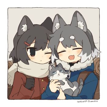 2girls :d ;t animal animal_ear_fluff animal_ears artist_name backpack bag black_gloves black_hair blue_coat blush border brown_eyes cat cat_ears cat_girl closed_eyes closed_mouth coat commentary_request dated dot_nose double-parted_bangs facing_viewer fang fumiko_(rubra_plumeria) fur-trimmed_hood fur_trim gloves grey_background grey_cat grey_hair hair_between_eyes hair_ornament hairclip highres holding holding_animal hood hooded_coat long_sleeves multicolored_hair multiple_girls one_eye_closed open_mouth original outside_border red_coat scarf short_hair simple_background skin_fang smile thick_eyebrows two-tone_hair upper_body white_border white_hair white_scarf zipper
